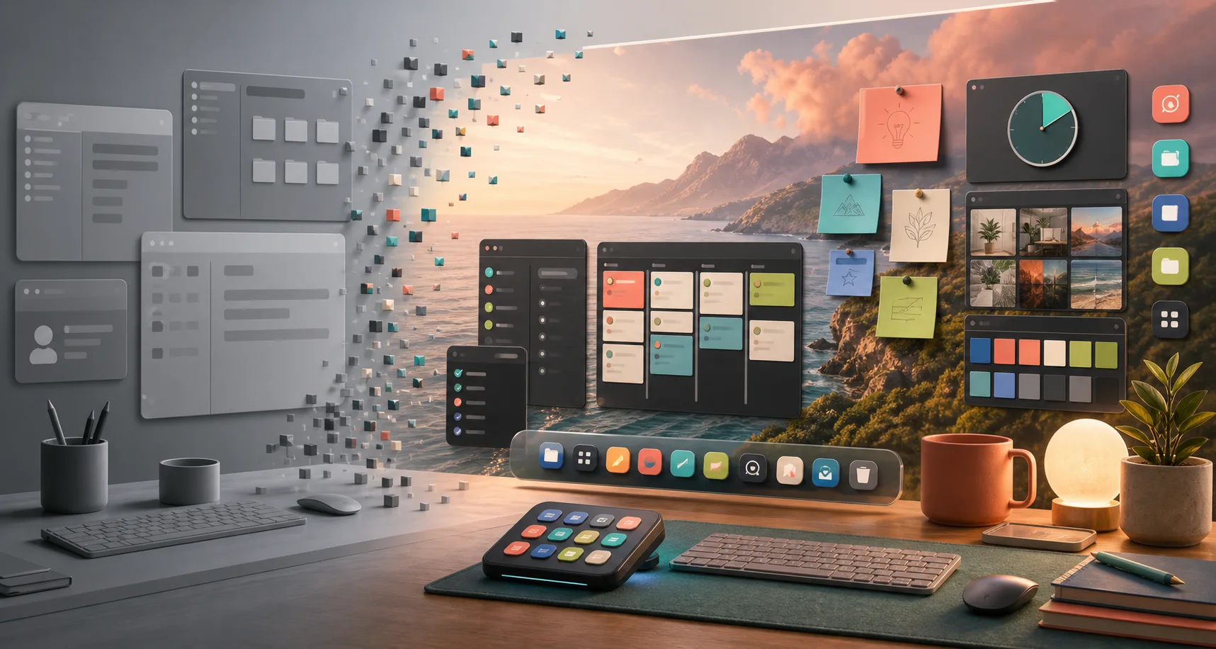 A gray default software workspace transforming into a warm personalized desktop with notes, tools, widgets, and a dock.