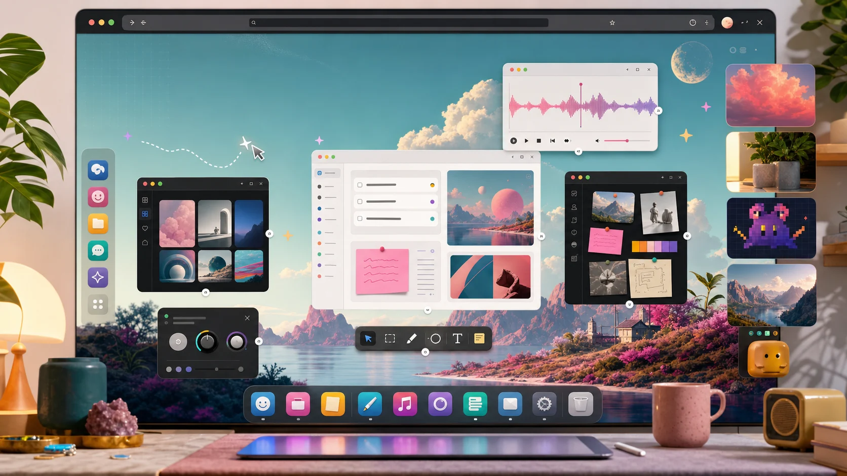 A personalized WordPress desktop workspace with colorful app windows, a dock, tools, and a scenic live wallpaper.