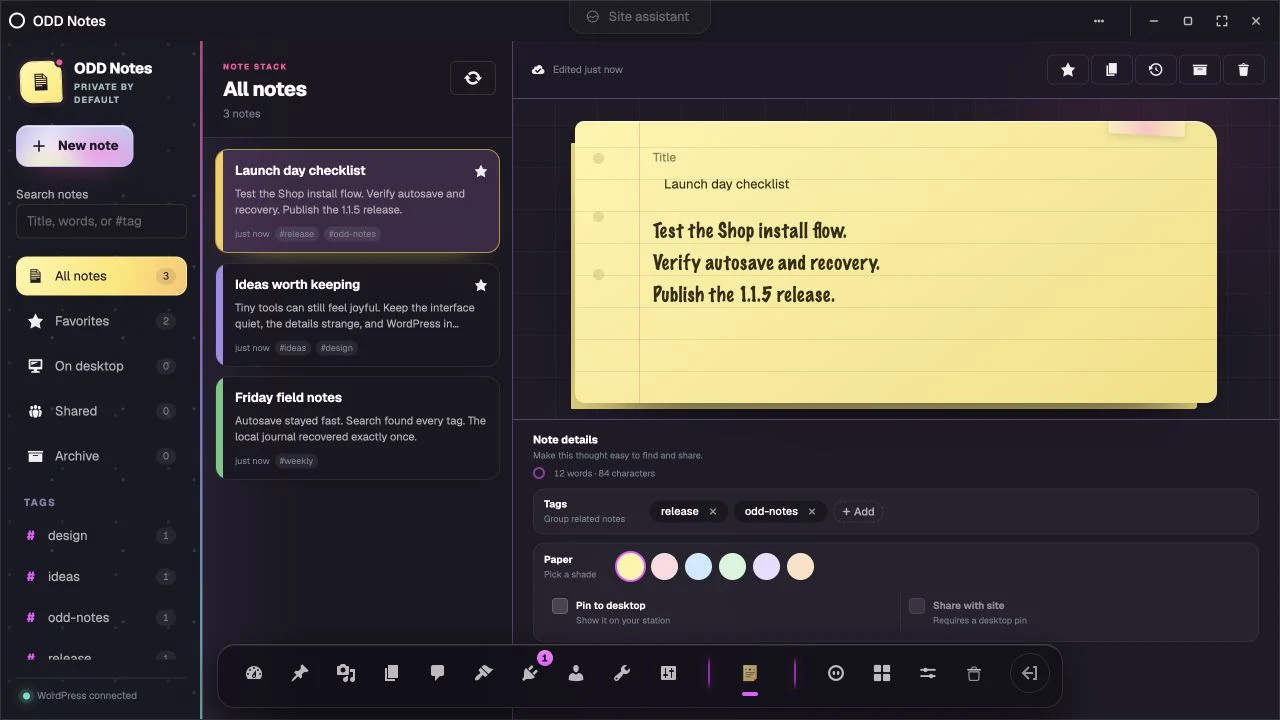 ODD Notes open in an OpenStation window with a searchable note library and paper editor.